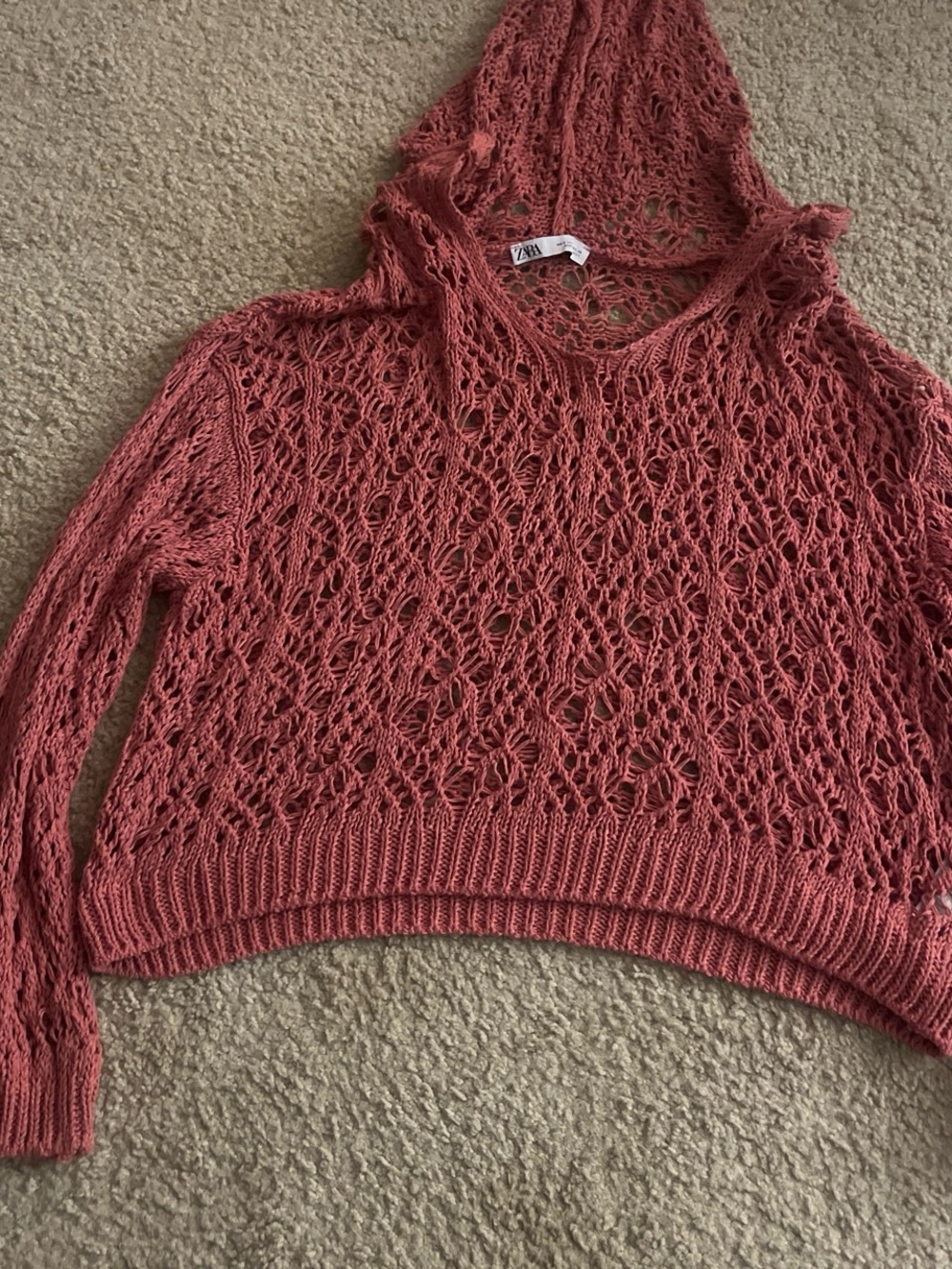 Zara Open-Knit Hooded Sweater - Rose Coral
